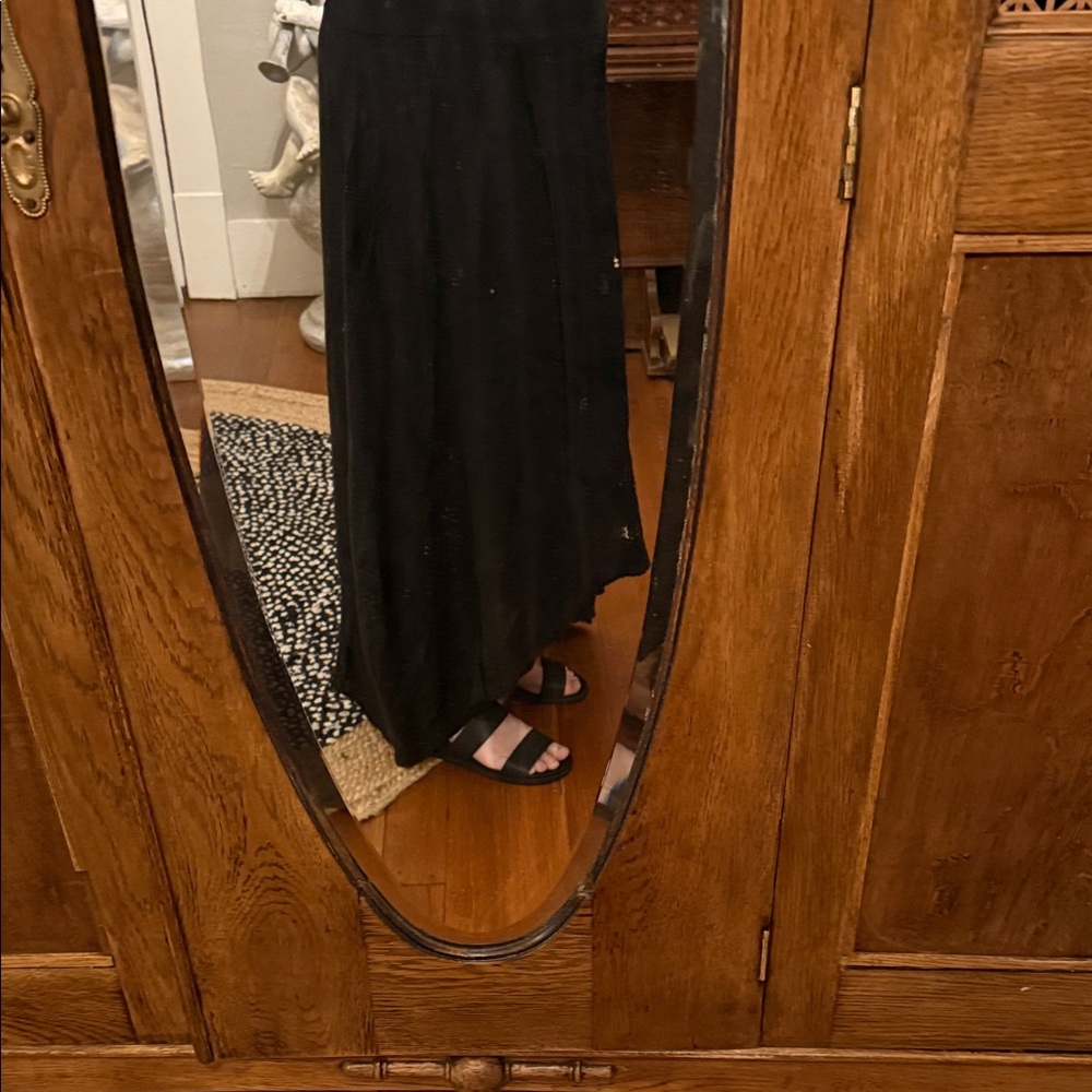 Tempo Paris Linen Blend Lagenlook Maxi Skirt Black Flowy Asymmetrical Hem
